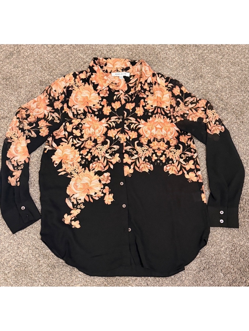 Rose + Olive Black Orange Floral Button Down Blouse Small
